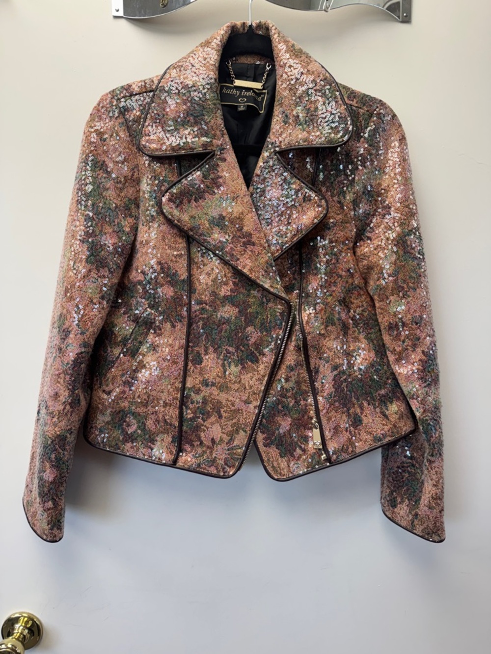 kathy ireland Pink Floral Jacquard Moto Jacket with Contrasting Trim
